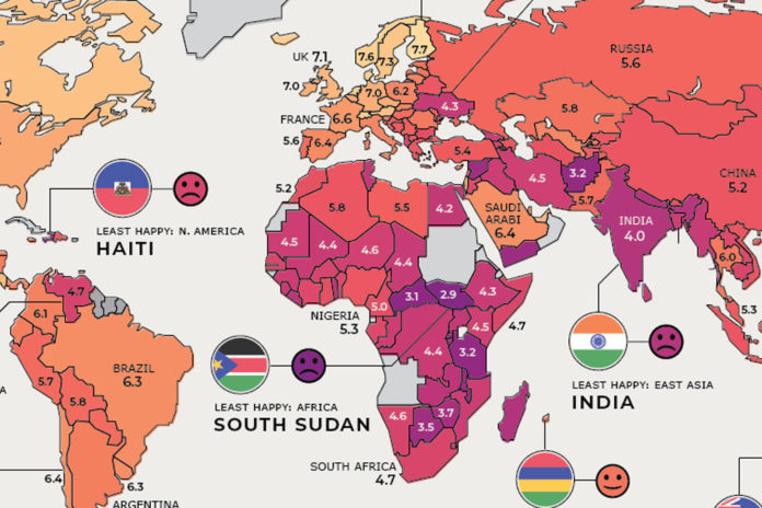 The happiest countries in the world, on a map