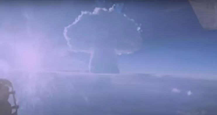 The mushroom cloud caused by the explosion of the Tsar Bomba
